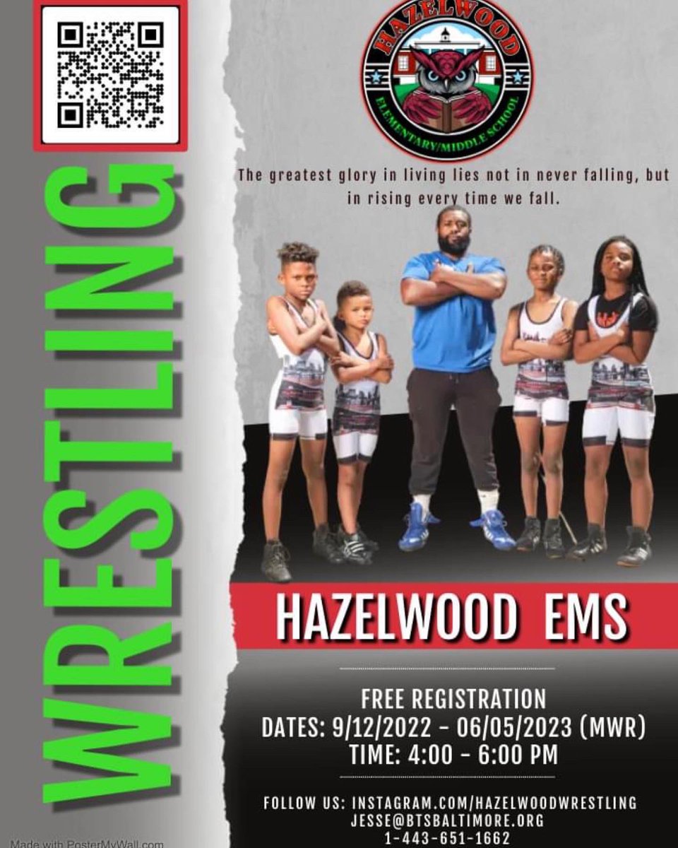 Registration for <a href="/hazelwood/">hazelwood</a>wrestling program is open and preseason practice starts this Monday, September 10th.The program is free for @hazelwood.bcpss students, but homework help and tutoring is required for participation.

For more info reach out to Coach Garrett, 443-651-1662.