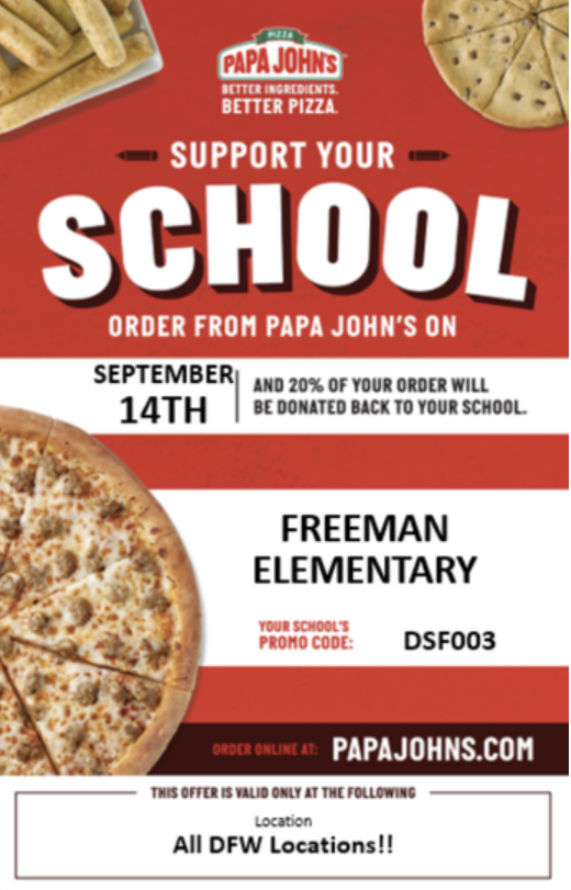 Freeman_Hawks's tweet photo. Don't cook dinner, just eat pizza😁Go to any Papa Johns this upcoming Wednesday and use our school promo code to support Freeman Elementary! https://t.co/N8w8l1ydiP