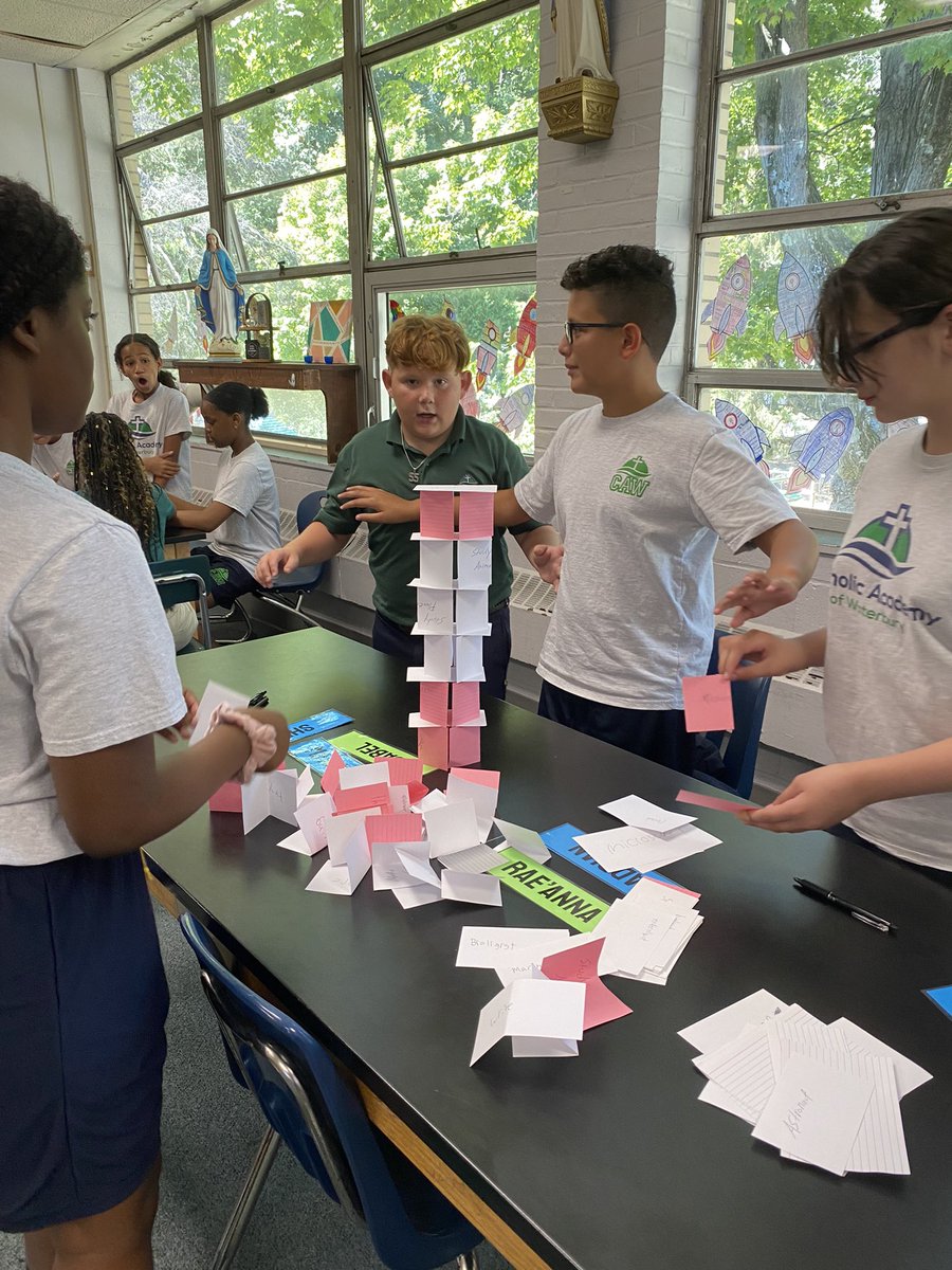 mrs_rabatin's tweet photo. 6th graders at @CAWaterbury put their building skills to the test! After describing attributes of a scientist, they had to build an index card tower. Here is our winning group! #whatisascientist #standup4CAW https://t.co/wP7sCIpUvv