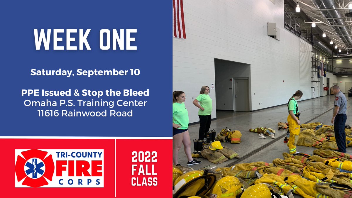 TriCountyFireNE's tweet photo. Week One of class will be held this Saturday, September 10th from 8am-12pm, at the Omaha Public Safety Training Center (11616 Rainwood Road). The topic for this week’s class will be Stop the Bleed and PPE will also be issued. https://t.co/sMb8mOf2qj