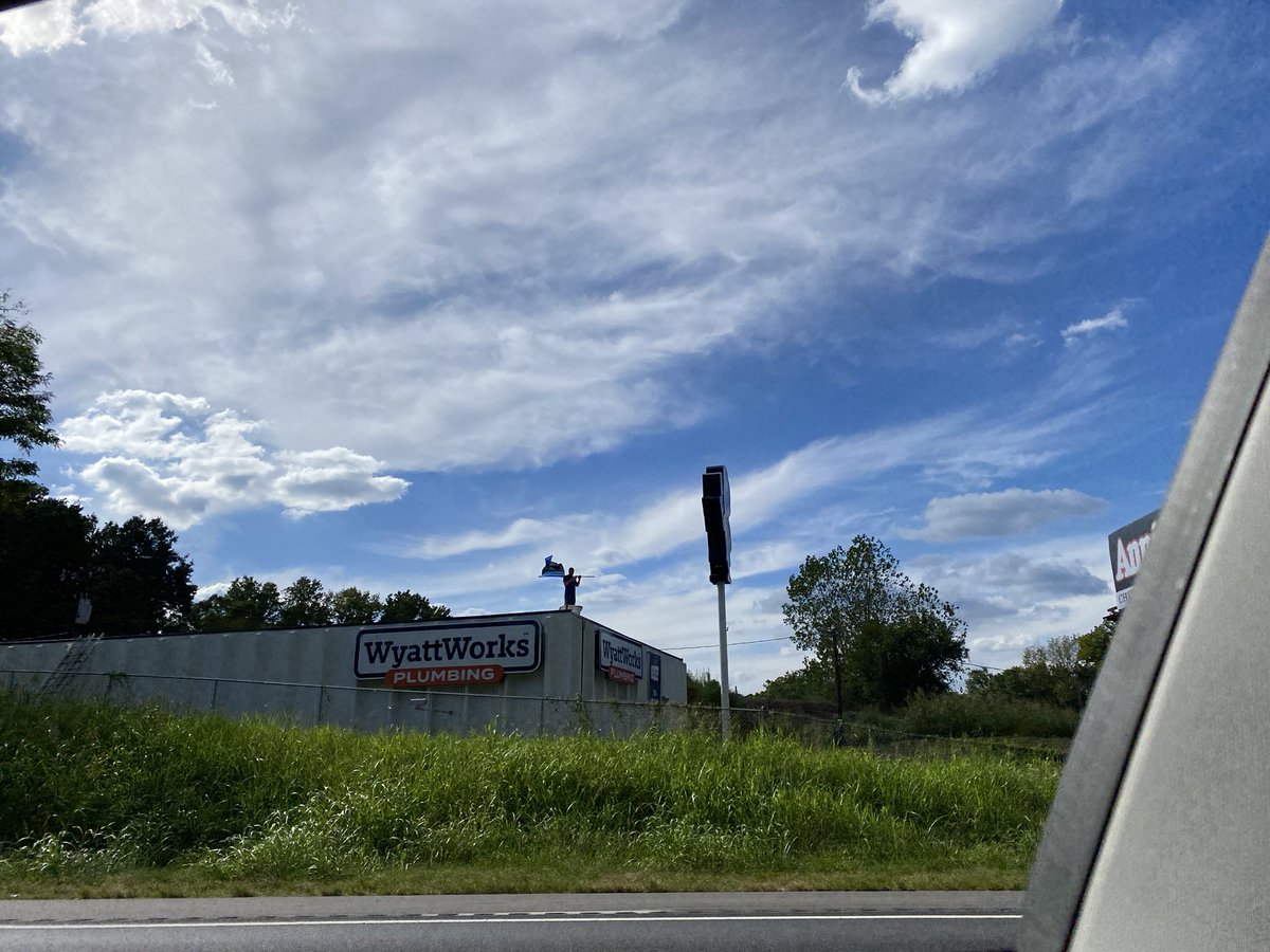 themichaelkonen's tweet photo. @CLTdevelopment there’s a guy on top of WyattWorks Plumbing on the side of I-77 S waiving a @Panthers flag. I guess it’s Gameday weekend. @JoeBrunoWSOC9 https://t.co/F8nAzqXSt0