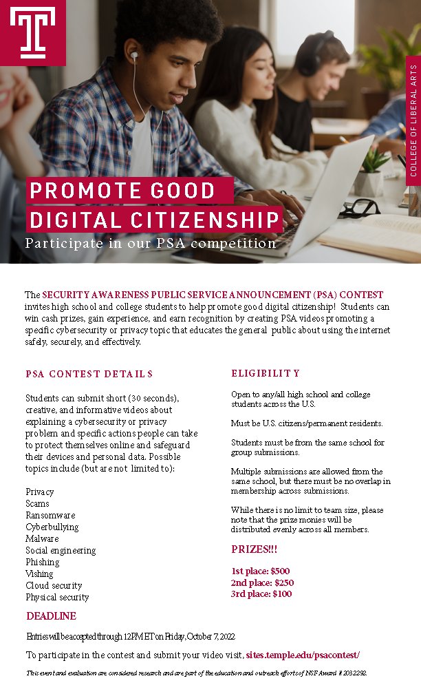 TU_CARE's tweet image. 📢📢Calling all students!! 

Our #CybersecurityAwarenessMonth Public Service Announcement Contest is now accepting submissions!

We invite high school &amp;amp; college students to submit 30 sec videos promoting good digital citizenship! 

Due: 10/7 (Cash prizes!)
sites.temple.edu/psacontest/