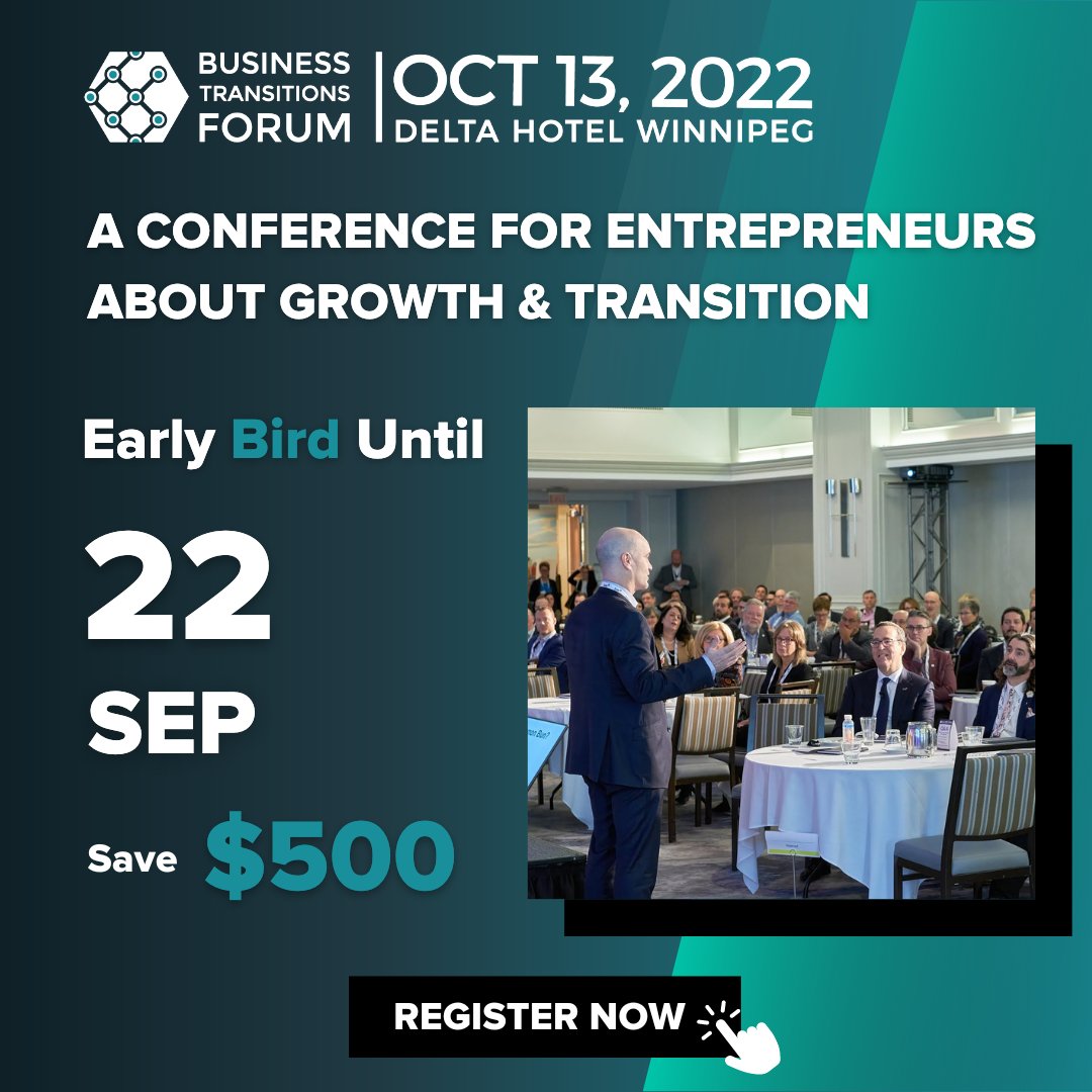 Calling all #entrepreneurs!

Join us at The Business Transitions Forum on October 13 in Winnipeg to learn about transition planning, strategic growth and the M&amp;A process. <a href="/BT_Forum/">Business Transitions Forum</a> 

Register before September 22 to save $500.

bit.ly/3QL5AEh #BTFWIN #BTFCanada