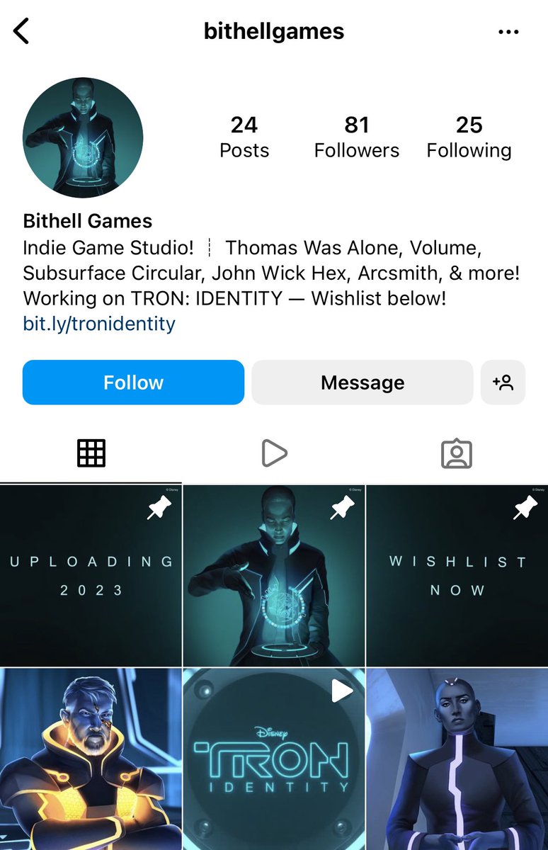 BithellGames's tweet photo. Psst, the eagle-eyed among you might have noticed that we’ve been quietly setting up socials to prepare for this announcement! Be sure to check out our Insta and Discord to keep up with all the TRON: Identity news! 

Insta: https://t.co/TVR34cluHT
Discord: https://t.co/pQoPyrN3x3 https://t.co/XiIcX6TIrf