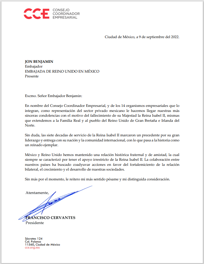El #CCE, y los 14 organismos que lo integran, hacemos llegar al Embajador Jon Benjamin (<a href="/JonBenjamin19/">(((Jon Benjamin)))🇬🇧🏴󠁧󠁢󠁥󠁮󠁧󠁿🇨🇱✡️ ⚒🇬🇭</a>), a la Familia Real y al pueblo del Reino Unido de Gran Bretaña e Irlanda del Norte, nuestras más sinceras condolencias por el fallecimiento de su Majestad la Reina Isabel II.