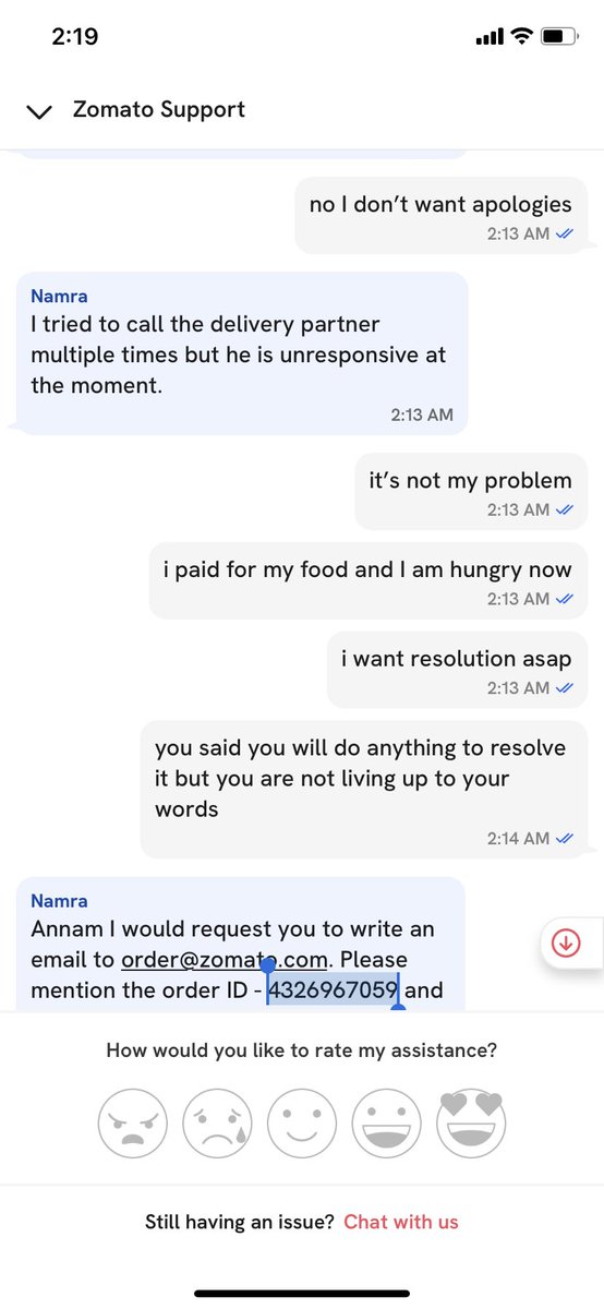 rahulannam_'s tweet photo. @zomato this is the support I received for late night orders. Please look into this. https://t.co/GdqMwYtR1P