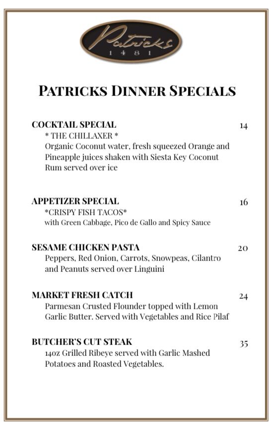 Patricks1481's tweet photo. Ready for the new weekly specials? Here they are! Visit FB for more details https://t.co/KK1cL26UQ3
➾Sun-Thurs 11:00-9:00  &amp; Fri-Sat 11:00-10:00 
1481 Main Street (near the corner of Main St and Lemon Ave)Sarasota, FL 34236 https://t.co/JTxrsiuLZW
