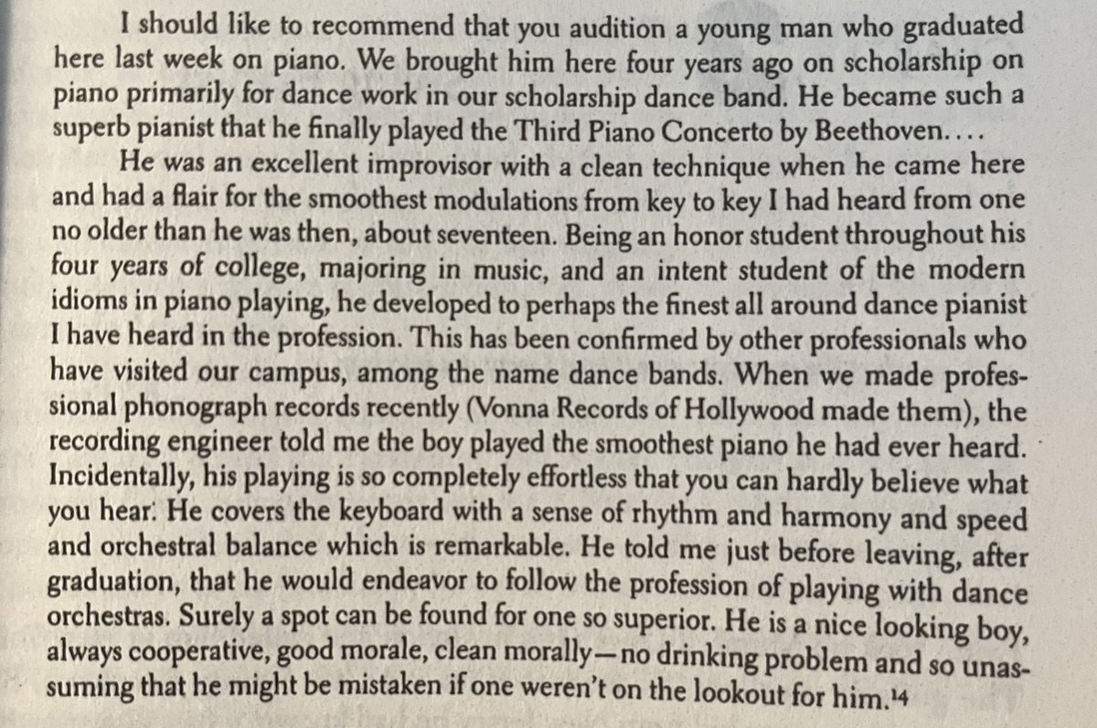 tedgioia's tweet photo. When Bill Evans graduated from college, he asked the head of the music department to write a letter of recommendation—so he could get a job with a “dance band.” This was what the department chair wrote. https://t.co/RDEoSHWQ2v