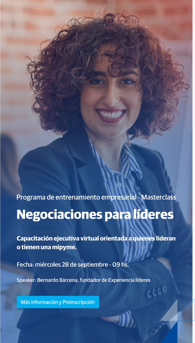 Próxima masterclass sobre #negociaciones para lideres
🗓 28 de septiembre - 9 Hs. junto a #experiencialideres 
Inscribite ⬇️ institutopyme.com.ar/evento/masterc…
#bancociudad #pymes