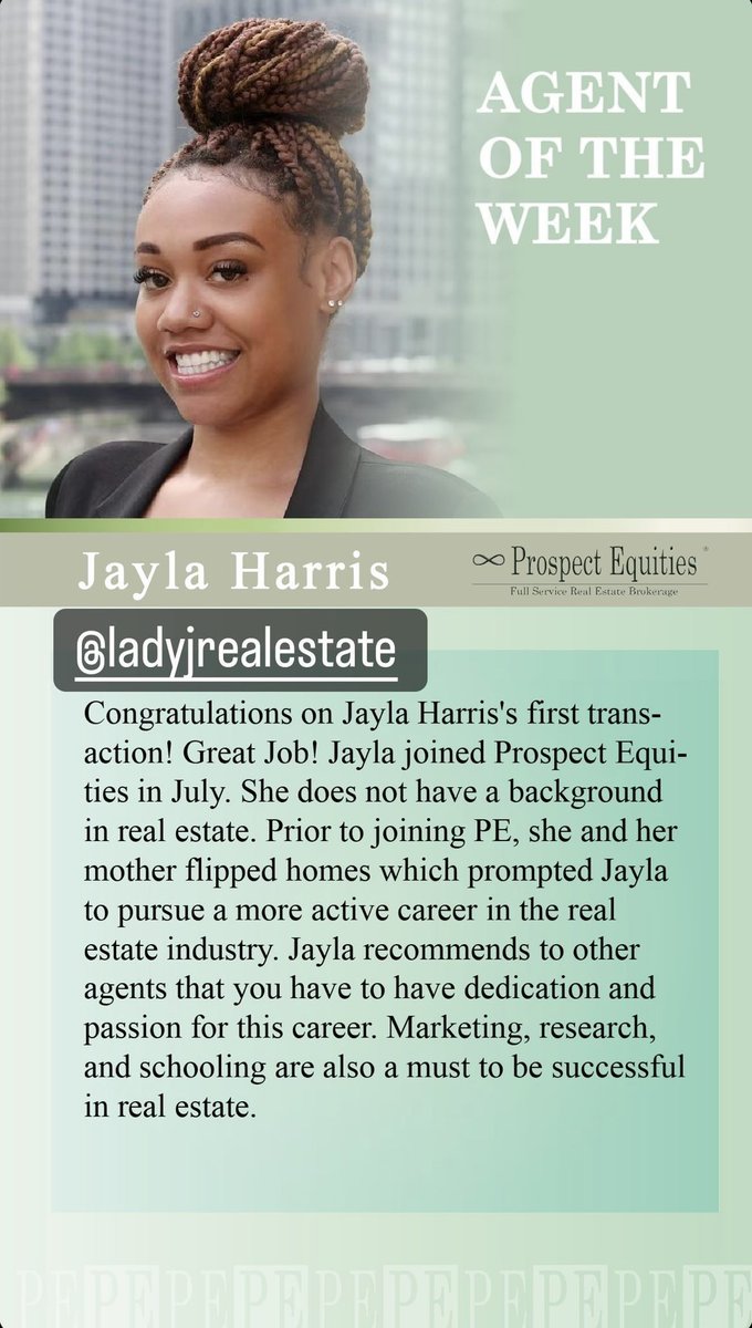PrEq's tweet photo. Congrats to PE Agent of the Week Jayla Harris on closing her first deal this week at @PrEq #Chicago #PE #ProspectEquities #RealEstate #dedication #Realtor #agent #Producer https://t.co/qGUQ4ud07q