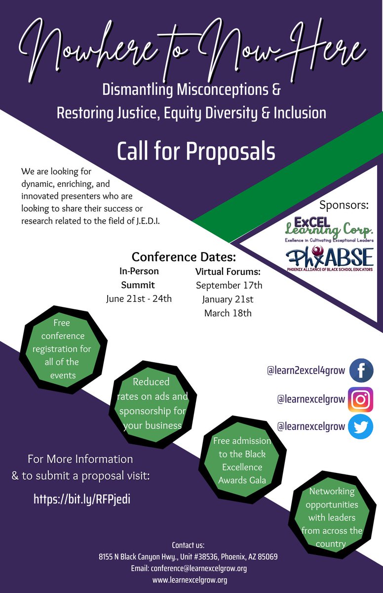 PhxAbse's tweet photo. As we are looking for you! Calling all teachers, educators, researchers, etc. to be presenters at the Nowhere to Now Here Conference. #N2NJEDI #PhoenixABSE #PhxABSE #ELC #LearnExcelGrow #Learn2Excel Click here to submit a proposal https://t.co/whYXL4IcRi https://t.co/dhtxZg36EY
