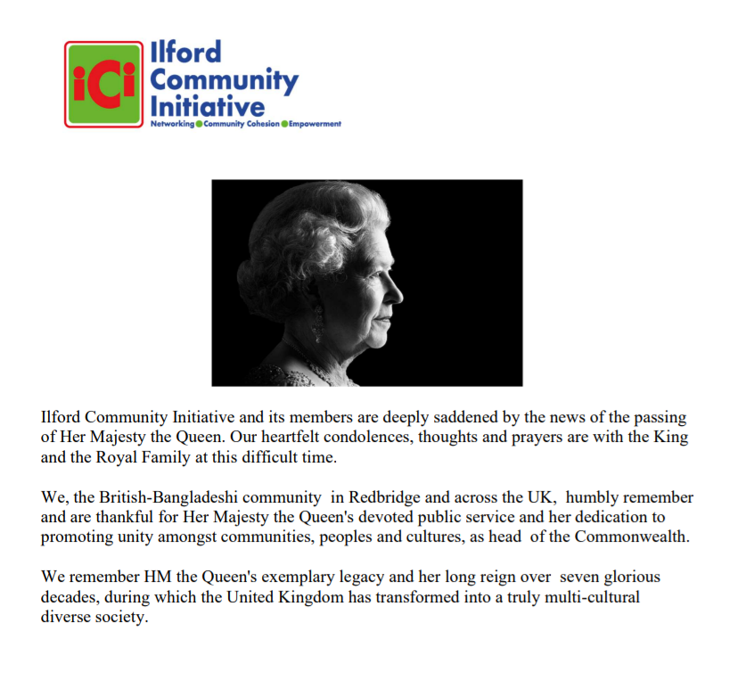 ilfordci's tweet photo. #IlfordCommunityInitiative (ICI) and its members are deeply saddened by the news of the passing of Her Majesty the #QueenElizabeth. Our heartfelt condolences, thoughts and prayers are with the #KingCharlesiiiand the @RoyalFamily at this difficult time. @ilfordrecorder https://t.co/aCE9gpwEyO