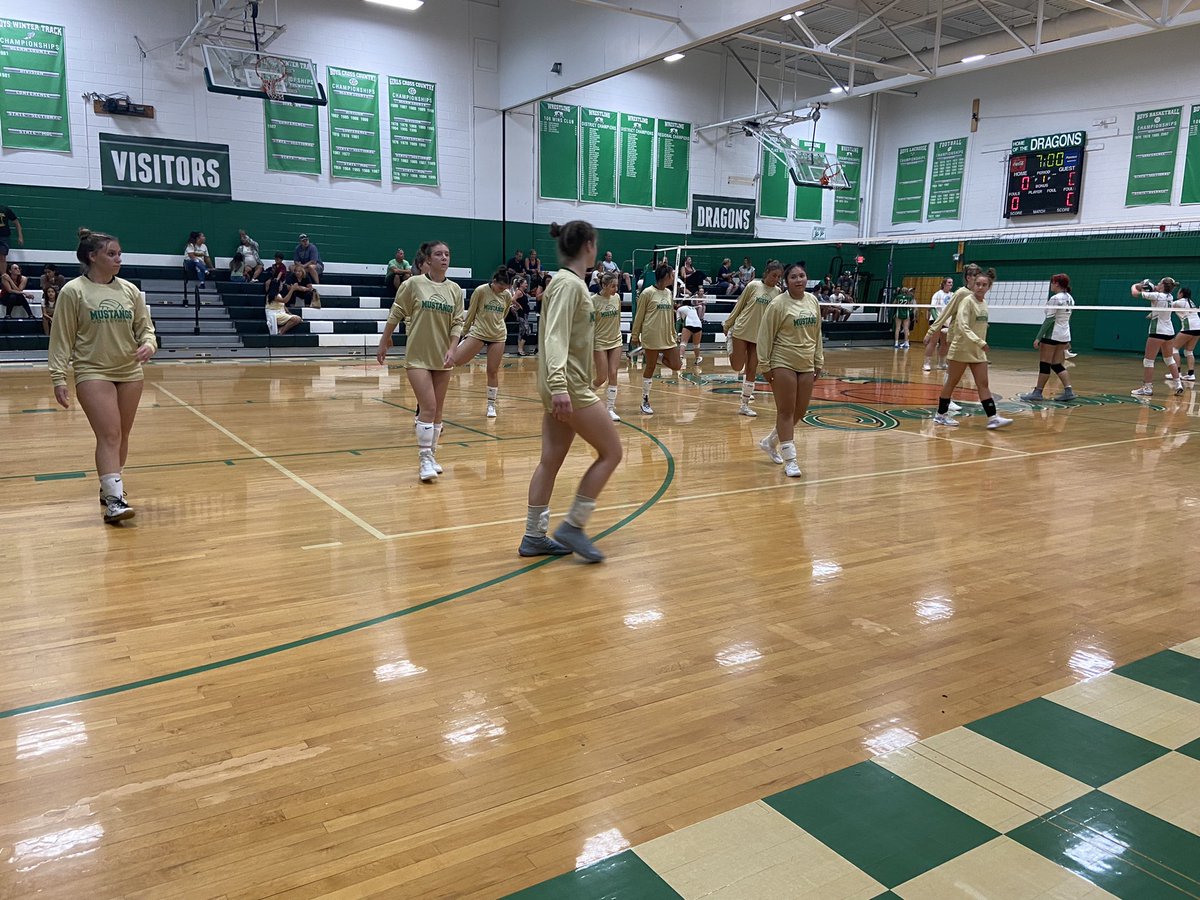 Mustangs getting ready to take on the Dragons in girls Volleyball!! Let’s go Stangs!