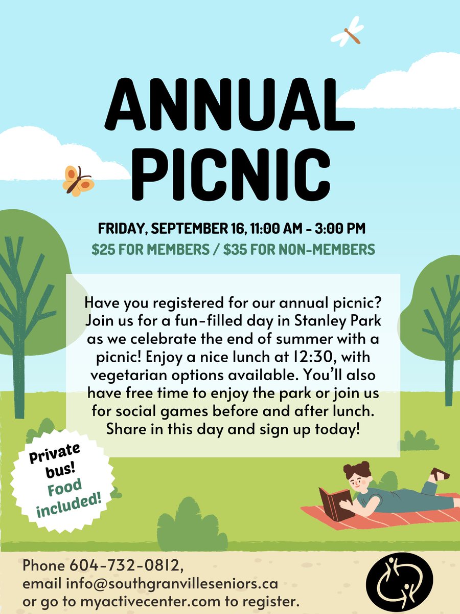 Have you registered for our Annual Picnic? Join us on September 16 for a fun-filled day in Stanley Park as we celebrate the end of summer with a picnic! Private transportation included. Please arrive at the Centre at 10:30. We hope to see you there!