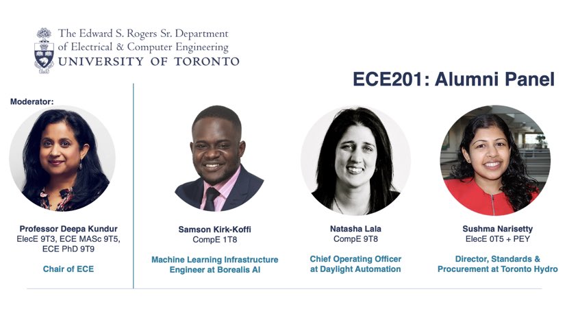 eceuoft's tweet photo. We were thrilled to welcome back Samson Kirk-Koffi (CompE 1T8), Natasha Lala (CompE 9T8) and Sushma Narisetty (ElecE 0T5 + PEY) to participate in an alumni panel for our second-year ECE students today! ππ
#UofTBacktoSchool #UofTEngineering #BacktoSkule https://t.co/vQVEHOxuks