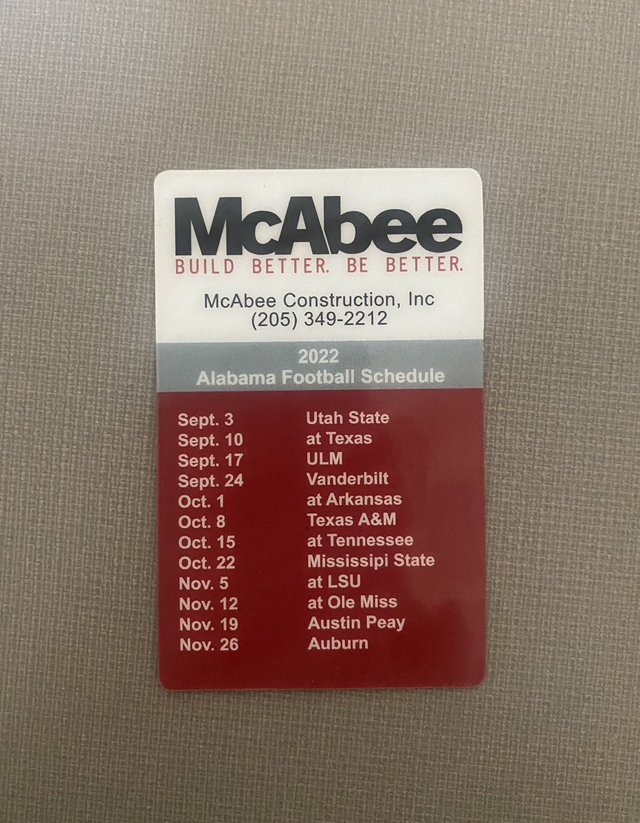 AngeeB's tweet photo. Was reminded that when I schedule an event on a Saturday, it’s best to schedule when The Tide has an away game.  Thank you, McAbee, Inc. (one of TCTA’s Adopt-a-School partners), for the 2022 football season schedule to reference! @BranchJetta @TCTATuscaloosa @mcabeeinc https://t.co/9vTQgQYWng