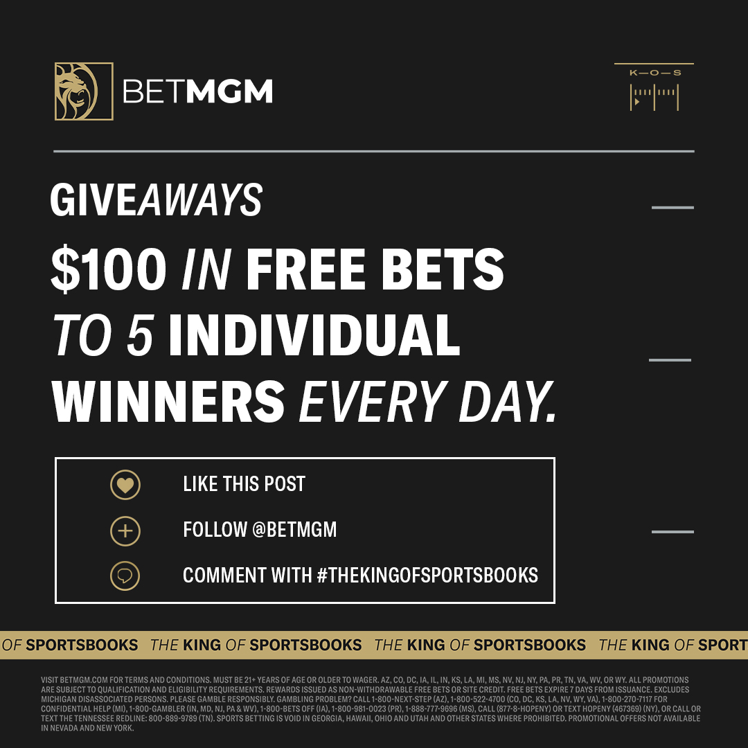 BetMGM's tweet photo. To celebrate the opening week of the NFL we are giving away $100 in free bets to 5 random winners everyday 💰 

How to enter:
❤️: Like this post
➕: Follow @BetMGM
💬: Comment with #TheKingofSportsbooks

- T&amp;C's apply
- Winners will be announced Saturday at 12pm ET! https://t.co/YSdzLzlqwW