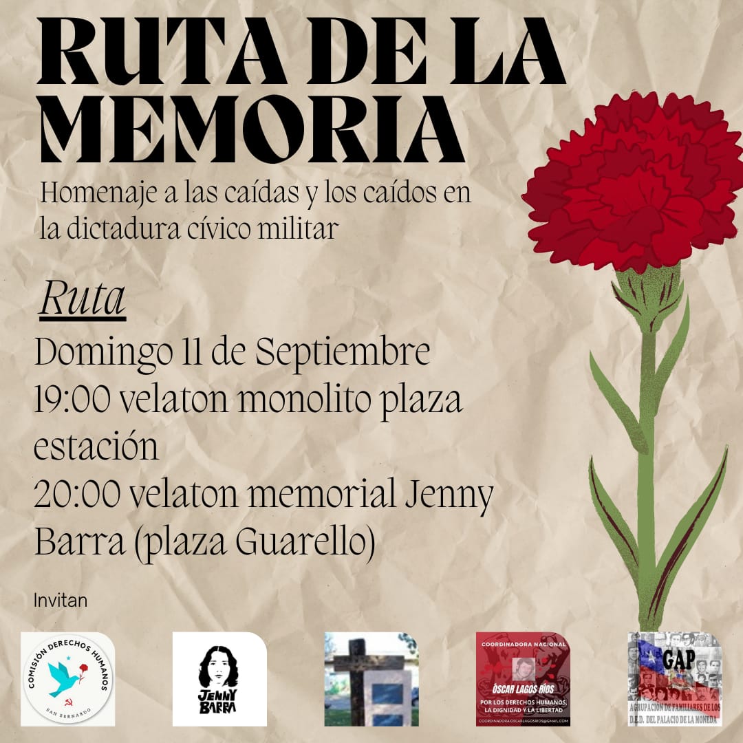Todas y todos invitados para este domingo 11, 19 hrs, a caminar por la ruta de la memoria por San Bernardo, para conmemorar y homenajear a los trabajadores de la Maestranza y a Jenny Barra, ejecutados y desaparecida, respectivamente, por la dictadura. Por la Verdad y la Justicia.