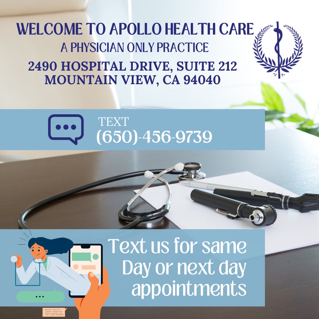 ApolloHCC's tweet photo. Need a same day or a next day appointment?  
Text us 650-456-9739

We are conveniently located behind El Camino Hospital.
2490 Hospital Drive, Suite 212, Mountain View, CA 94040

#preventativecare #primarycare #primarycaredoctors #lifestylemedicine @elcaminohealth https://t.co/m56YgSFjNl