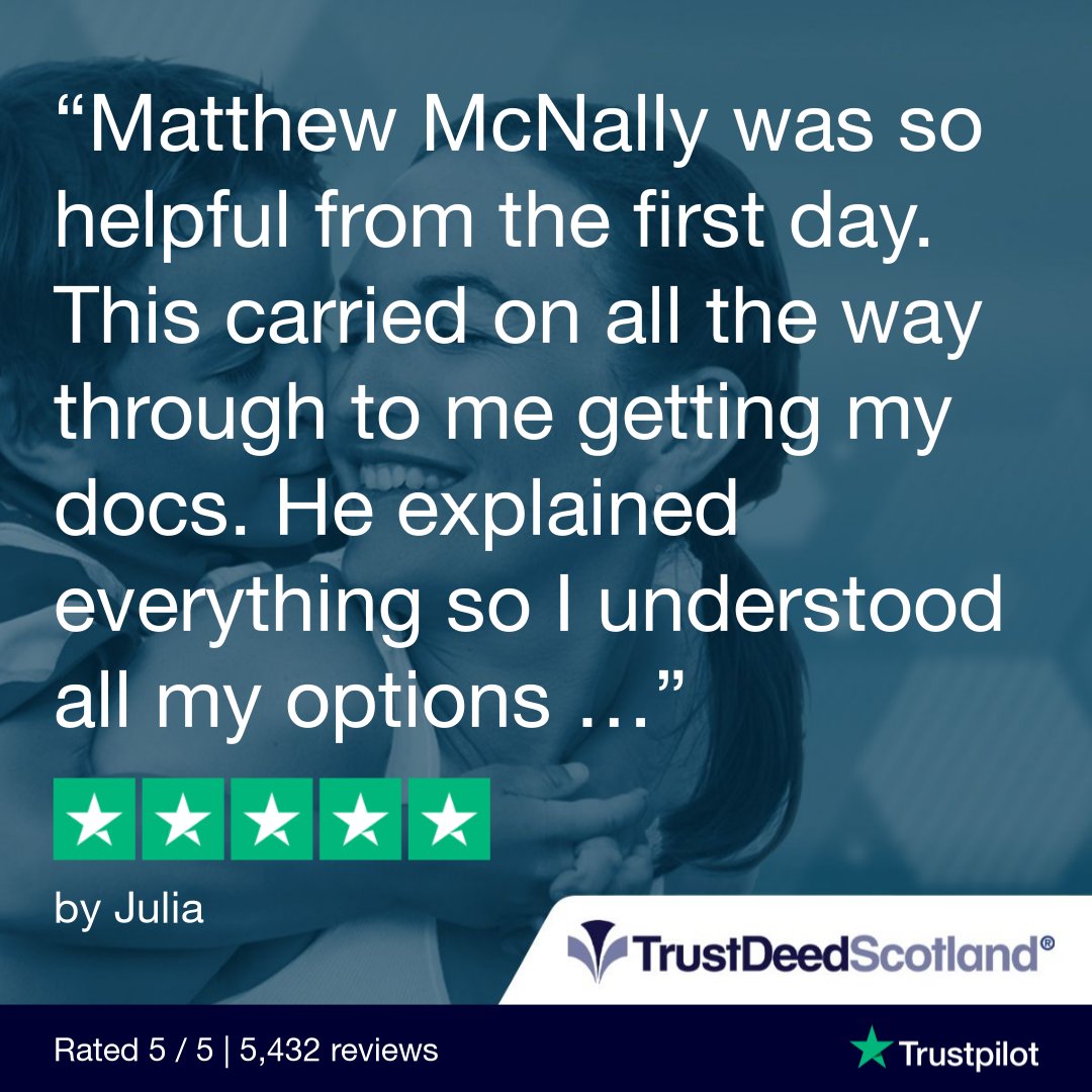 TrustDeedScotl's tweet photo. 🆕Trust Deed Scotland® @Trustpilot review.
★★★★★ by Julia.
Get started:
➡️ https://t.co/BlktQg4yhM
Read more reviews:
➡️ https://t.co/ftpYfsjxOd
📞 0141 221 0999
#realmoneystories #debtfreestories #lifeafterdebt #debtsolutions #scotland #helpwithdebt #trustdeeds