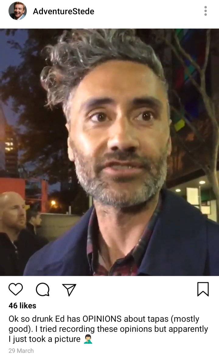 Stede's IG: photo of Ed at night
Caption reads: ok so drunk Ed has OPINIONS about tapas (mostly good). I tried recording these opinions but apparently I just took a picture. Hand slaps forehead emoji 