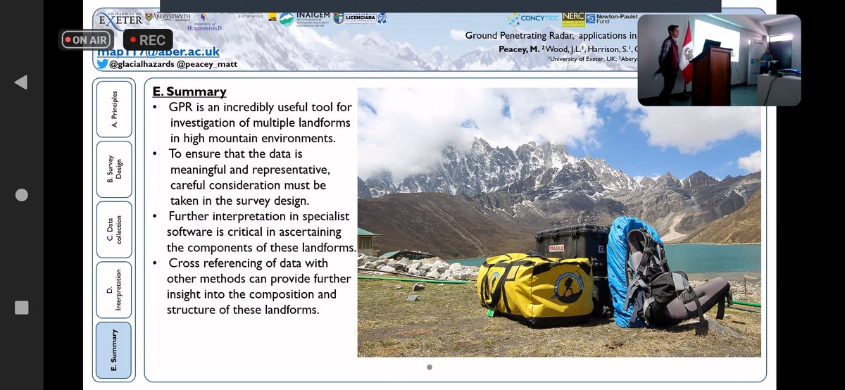 eisstrom's tweet photo. @PeaceyMatt is discussing the application of Ground Penetrating Radar #GPR in remote environments. Hoping to get to use this in the coming days for #projectGLOP fieldwork with @InaigemPeru @NeilNfg @GlacialHazards @AU_DGES @UoExeterCGES @risk_climate https://t.co/xX0OQdLOf5