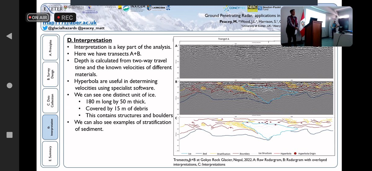 eisstrom's tweet photo. @PeaceyMatt is discussing the application of Ground Penetrating Radar #GPR in remote environments. Hoping to get to use this in the coming days for #projectGLOP fieldwork with @InaigemPeru @NeilNfg @GlacialHazards @AU_DGES @UoExeterCGES @risk_climate https://t.co/xX0OQdLOf5