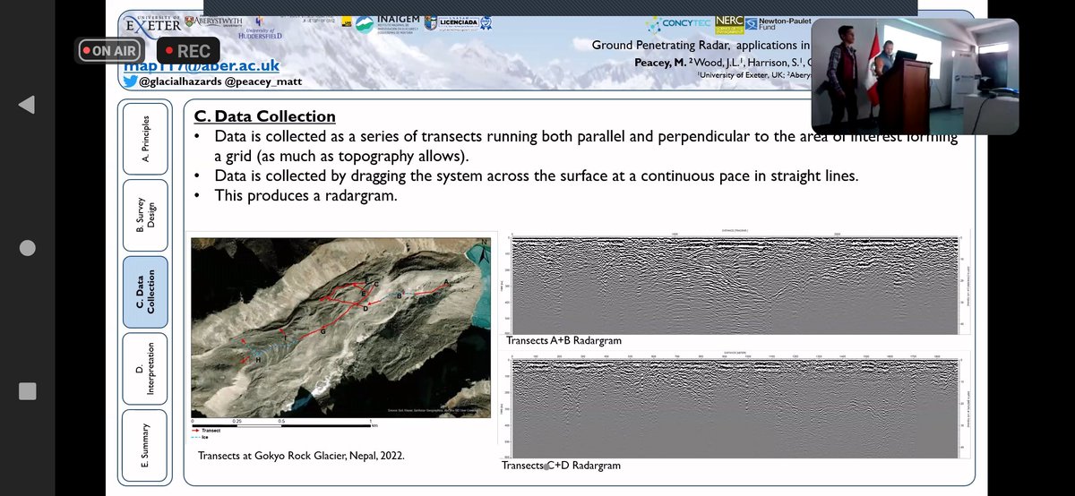 eisstrom's tweet photo. @PeaceyMatt is discussing the application of Ground Penetrating Radar #GPR in remote environments. Hoping to get to use this in the coming days for #projectGLOP fieldwork with @InaigemPeru @NeilNfg @GlacialHazards @AU_DGES @UoExeterCGES @risk_climate https://t.co/xX0OQdLOf5