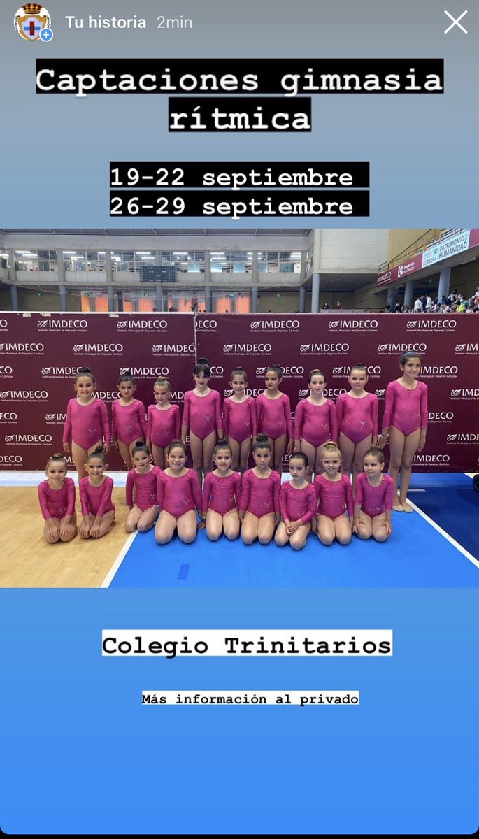 Captaciones gimnasia rítmica.
Desde el 19 al 22 septiembre horario de tarde . Y desde el 26 al 29 horario de tarde. 
Más información al privado, gracias.
 <a href="/cdtrinitarios/">CD Trinitarios</a>