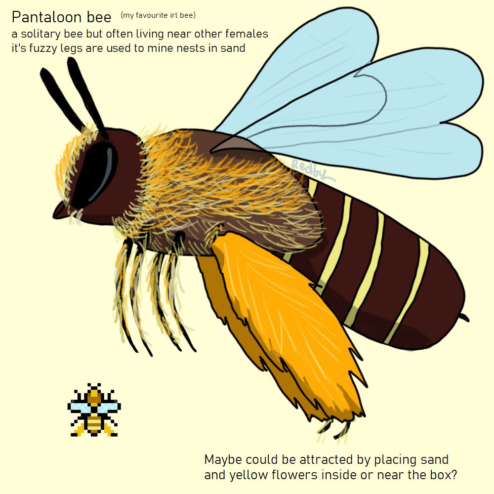 Redby___'s tweet photo. @apico_game I'm not sure if this counts as an own design as it's an existing species but there is not enough mining fuzzy bees in the game.
(Maybe it could wear pants as a disguise and be attracted by a better fitting pair lol)
If a bee wore pants how would it wear them
#APICOBee https://t.co/G4ItY5Nla3