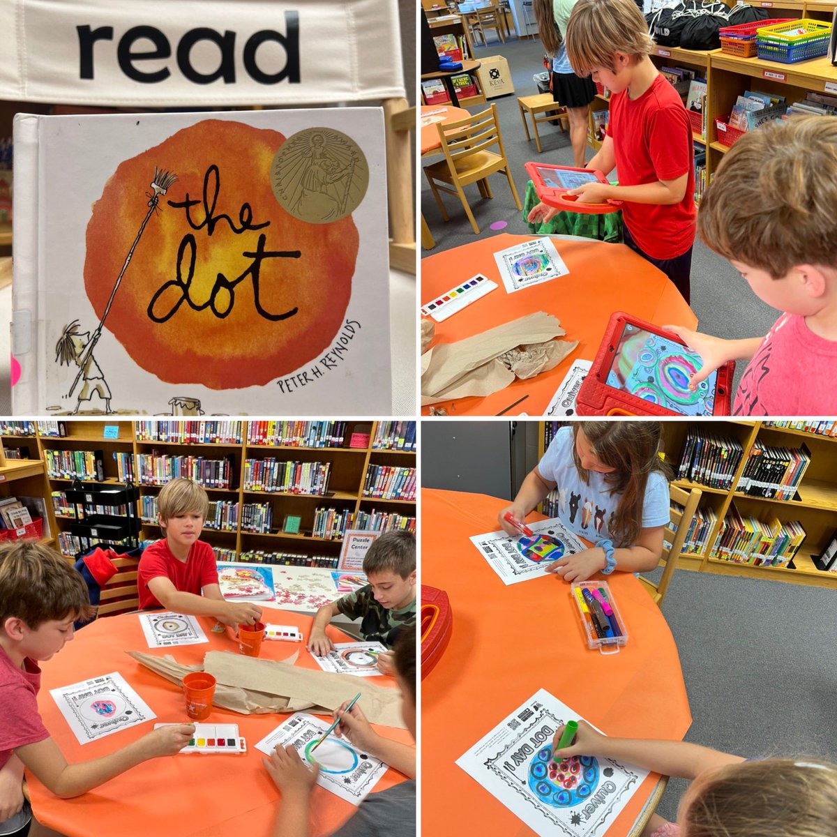 tifray10's tweet photo. It was a crazy busy day in the library! Celebrating #DotDay a little early with some classes and building challenges never disappoints! #PocaPreK5 #library #libraryk5 https://t.co/idRtA1VMNf