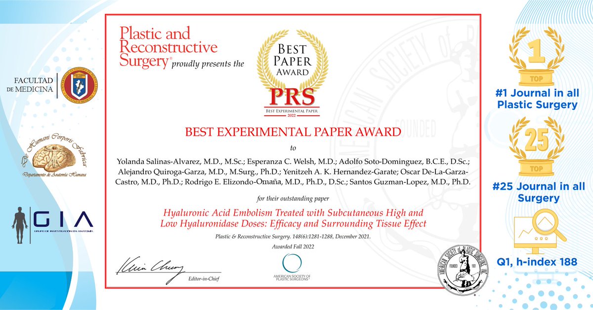 BEST PAPER AWARD! Such an honor to receive this award from such a prestigious journal @PRSJournal. A great achievement, worthy of mention for our group <a href="/gia_uanl/">Anatomy Research Group</a>, our #Anatomy department <a href="/fmuanl/">Brad GarIinghose</a>. Congratulations to the entire team!