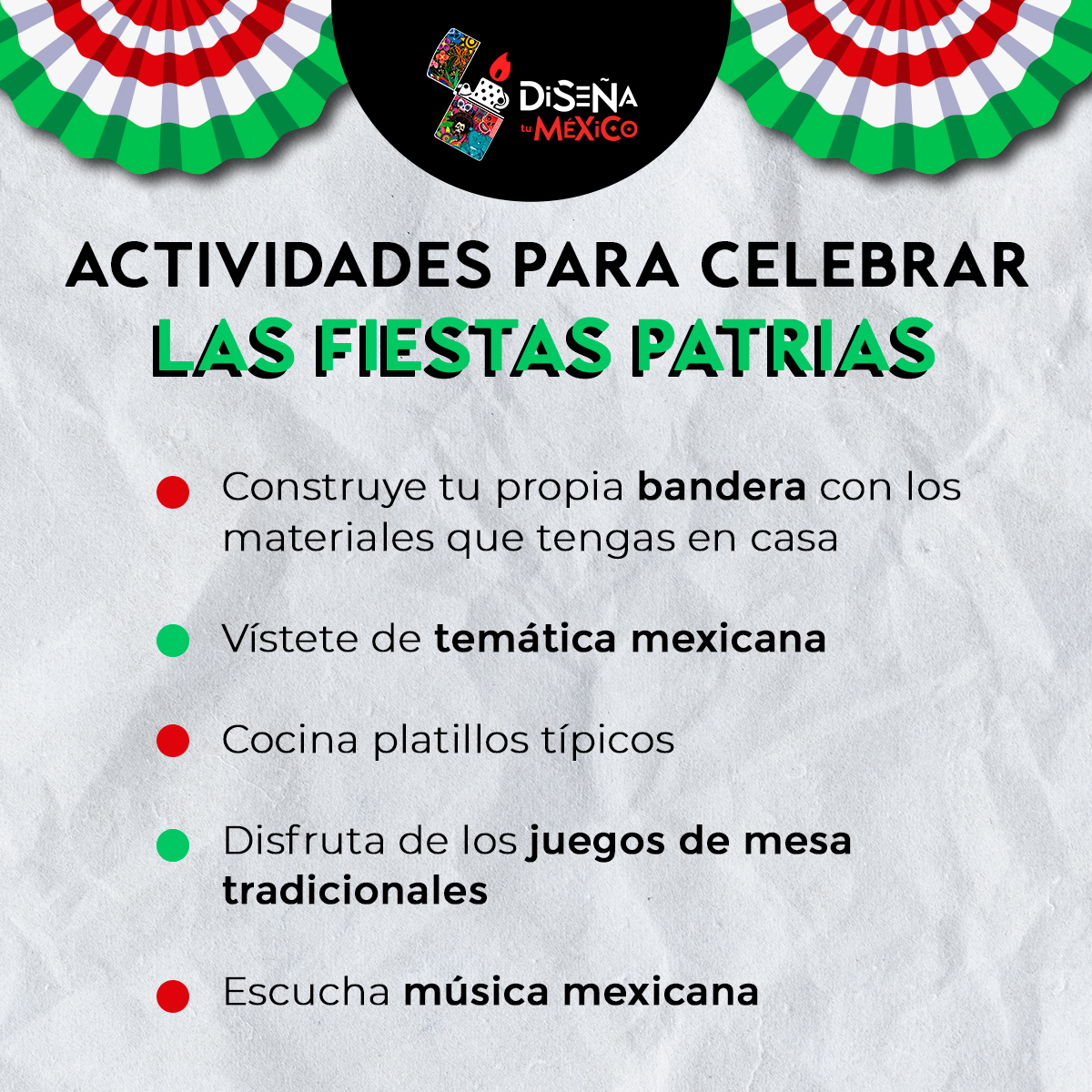 DiseniaTuMexico's tweet photo. Amamos 😍 los festejos de Septiembre 🎉 tanto como tu, por ello compartimos estas actividades para que disfrutes🙌 al máximo tus fiestas patrias🎊
.
 ¿Que otras actividades te encantaría realizar?😊
.
.
.
#DiseñatuMexico #Concurso #Diseño #Premios #Tabasa #Zippo #Noblehouse https://t.co/U6HNQwITPl