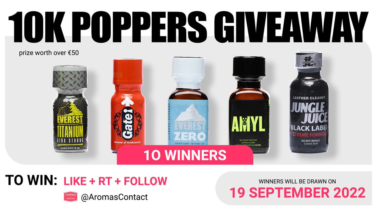 AromasContact's tweet photo. We wanted to thank you all for your support by organising a poppers giveaway!💥

🎁 We will draw 10 winners who will get these 5 poppers worth more than €50!

#poppersfun #ppbh #popperbators #popper #Giveaway #poppersgiveaway #contestgiveaway #fridaynight https://t.co/1yoPQ8FiR5