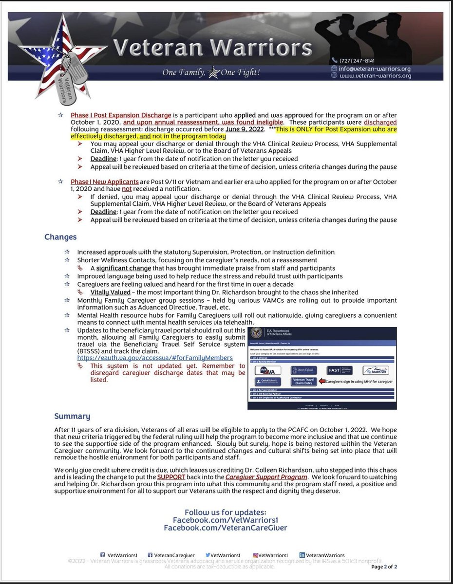 VetWarriors's tweet photo. @VetWarriors1 and @VetCareGiver's "one-page" summary of the most recent updates on the VA's Caregiver Program.
#PositiveChanges #PCAFC #VACaregiver #VetsCaregiver #VeteranCaregiver #Veteran #Veterans #VACaregiverProgram
**Double side/side and singles for easier reading https://t.co/8NRypXJVpO