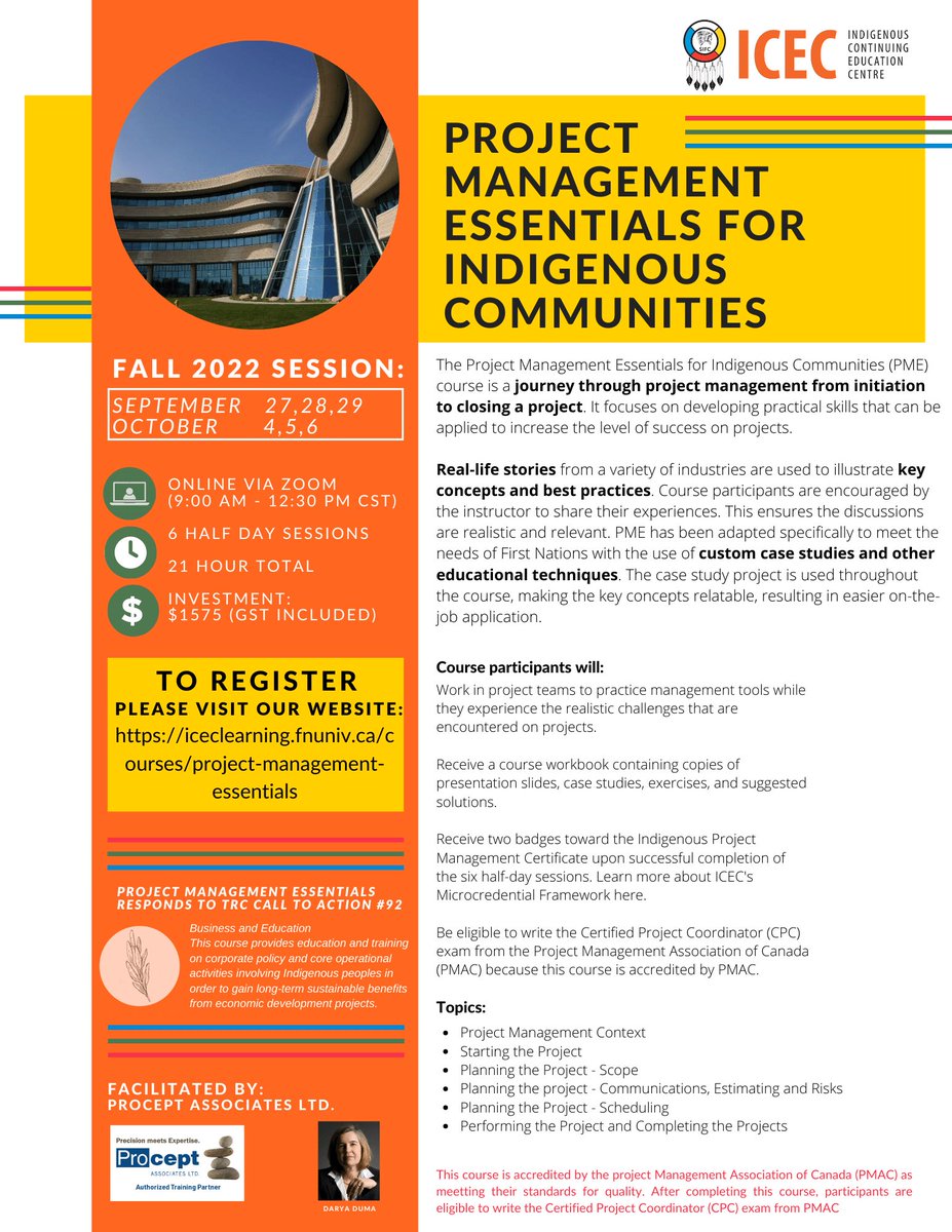 FNUNIVCAN's tweet photo. Gain skills to improve your time management, leadership, dictation of roles and responsibility and launch projects! Register now for Project Management Essentials for Indigenous Communities.

See below for registration and more information:

https://t.co/lOBdcTrbWe https://t.co/ED5Z1pjaRl