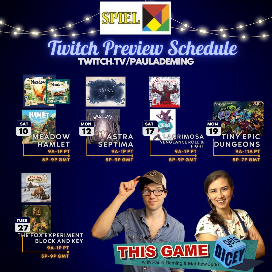 Check out this very special Essen Spiel Twitch Preview Schedule! 
Matthew and I will be showing off a bunch of games in the weeks leading up to Essen and then we'll bring you more content about each one while we are at the show.

Don't miss it!