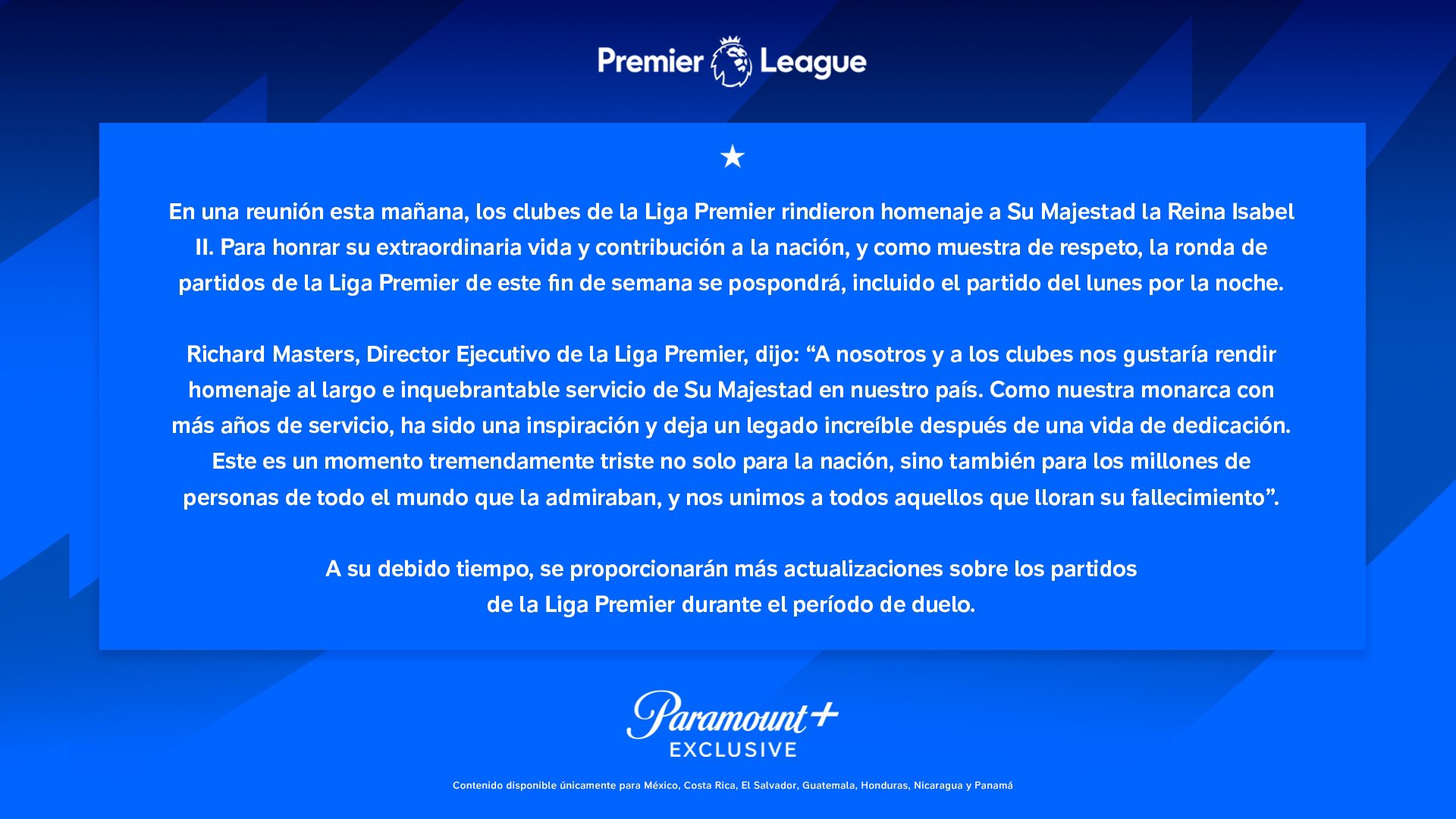 Paramount+ Latinoamérica on Twitter: "Comunicado oficial de Liga Premier. Aún no se ha comunicado cuándo reanudarán los partidos de la temporada. https://t.co/QA2emcEETo" /