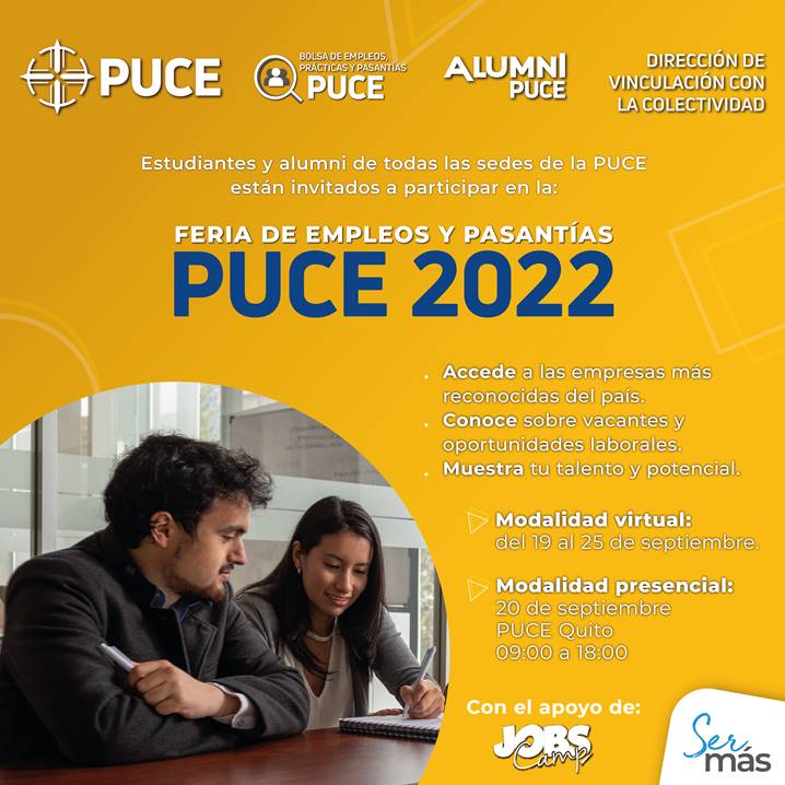 PUCE_Esmeraldas's tweet photo. 💼💲 𝗙𝗲𝗿𝗶𝗮 𝗱𝗲 𝗘𝗺𝗽𝗹𝗲𝗼𝘀 𝘆 𝗣𝗮𝘀𝗮𝗻𝘁í𝗮𝘀 𝗣𝗨𝗖𝗘 𝟮𝟬𝟮𝟮
👉 Participan estudiantes matriculados y graduados de la PUCE de cualquiera de las sedes.
📍 Evento Presencial y Virtual con alcance a nivel nacional
📢Muy pronto te daremos más información.
#PUCESE https://t.co/6R9FWLjB4D