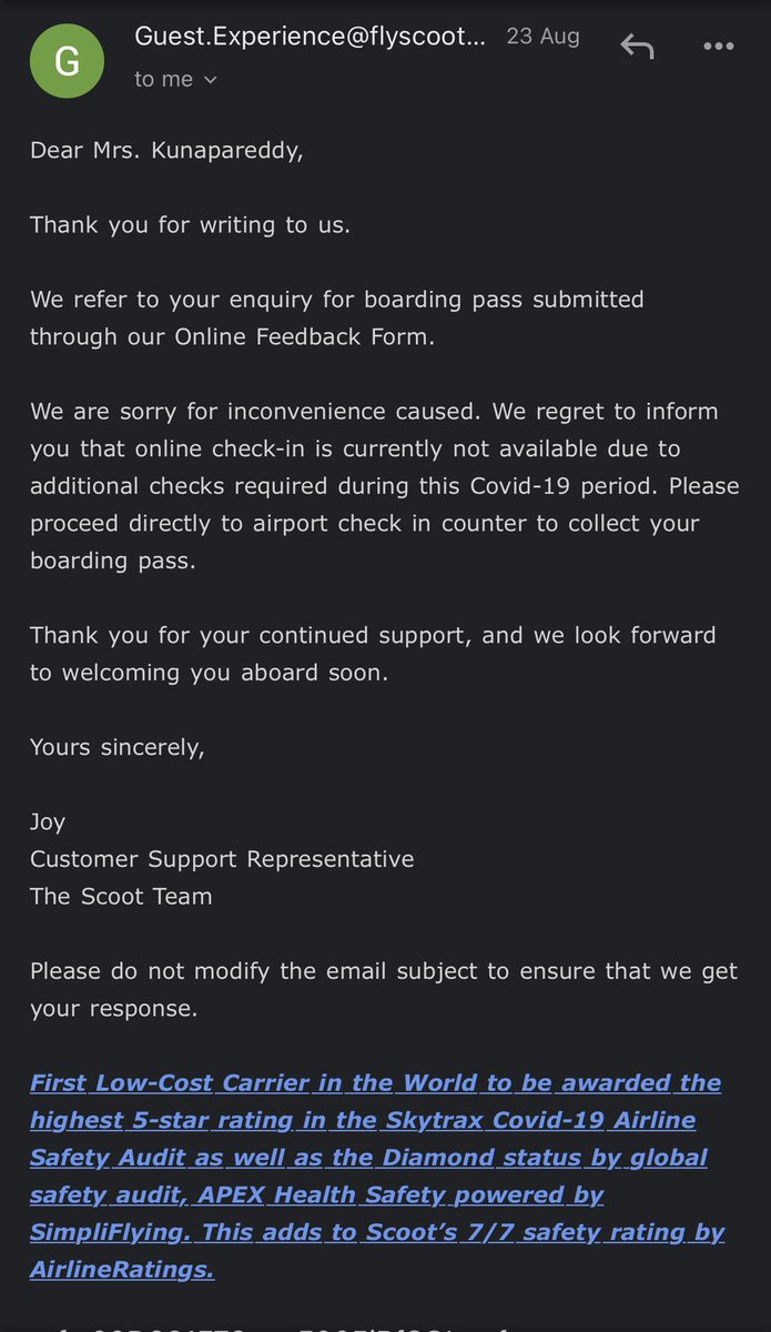KanthiSiri's tweet photo. @flyscoot On 16 August We reached the airport and were facing issues to receive the boarding pass and a idiotic Scoot supervisor who is of no use asked us to call the help line which is even more horrible,we were asked to submit the feedback form and only after 10days i get this https://t.co/TvW9jJ6lEg