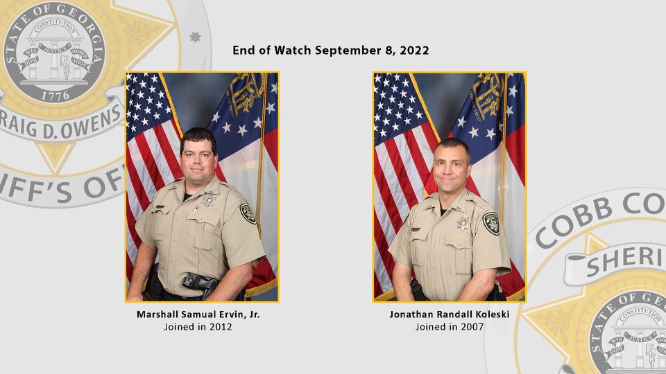 CobbSheriff's tweet photo. Please pray for the men and women of the Cobb County Sheriff's Office. Pray for the wives, families, and loved ones of our heroes — Deputy Ervin and Deputy Koleski. 
We are all hurting. https://t.co/gmr1NBIkVv