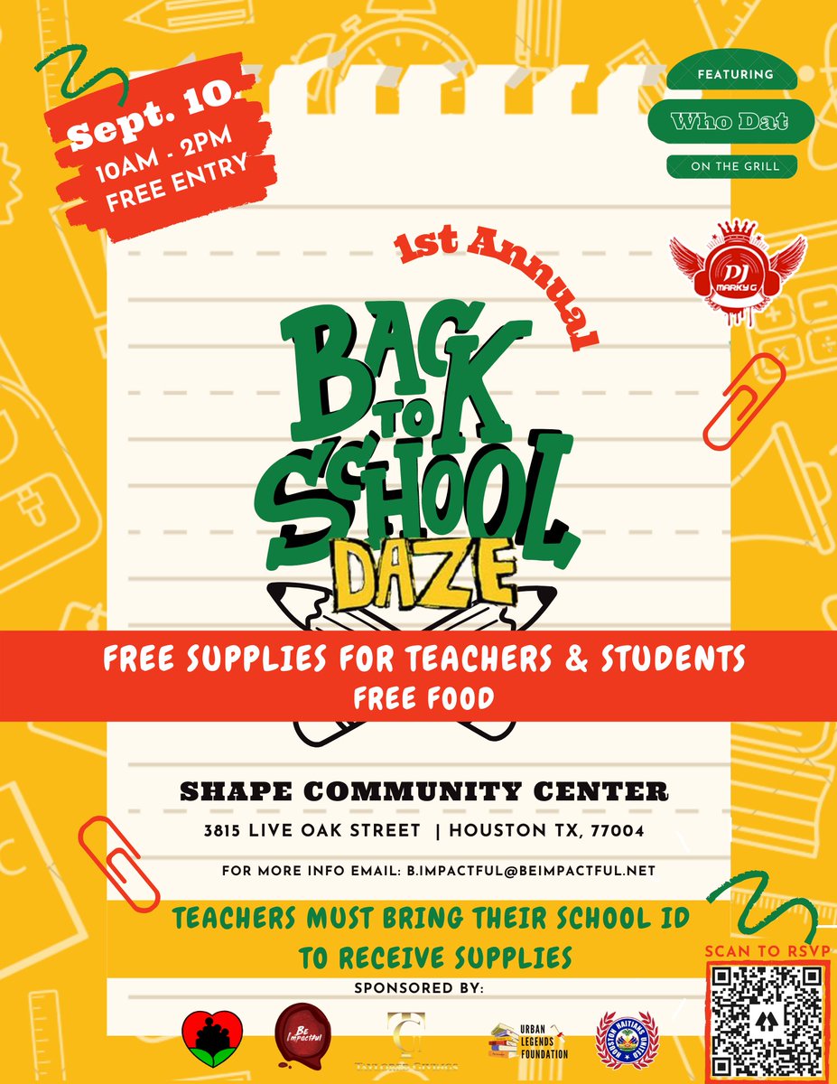4Shape's tweet photo. Join us tomorrow for the Back 2 School Drive here at SHAPE (3815 Live Oak). There will be free school supplies for teachers and families, free food, and lots of fun and games! Like and Share.
#houston #houstontx #freefood #SHAPEcommunitycenter #schoolsupplydrive https://t.co/6el2e99Thq