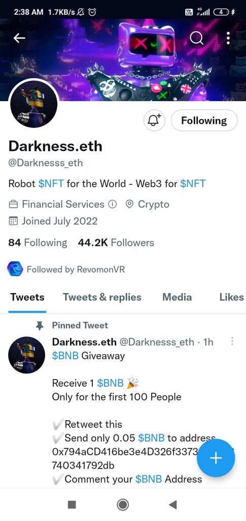 Devendr77687722's tweet photo. @NFT_RevomonVR @NFT_RovomonVR @Darknesss_eth 0x2A530ca2040268a37203813a4de0835e0e2B4137 
My address BEP 20 chain https://t.co/i8SrGweUOJ