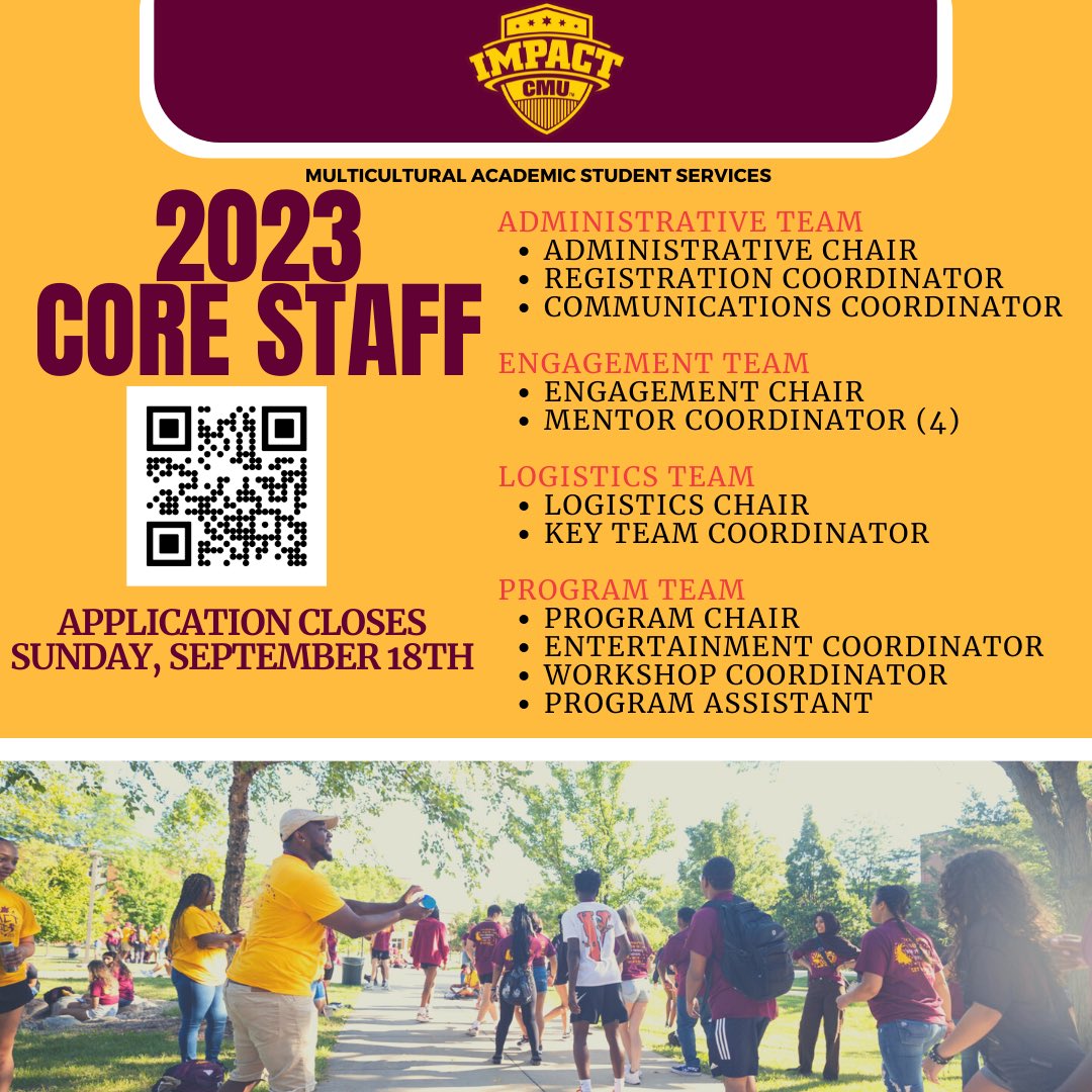 impact_cmu's tweet image. There is still time to apply for a Core Staff position for IMPACT 2023! 

Use the QR Code to apply for any of these positions. 

For more information, feel free to contact IMPACT@cmich.edu.