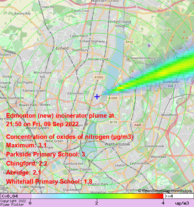 plumeplotter's tweet photo. Latest Edmonton (new) incinerator plume plot, 21:50 09/09/22 #Chingford #Abridge #Lambourne https://t.co/ue2w4O0AUu https://t.co/FDU4EZ6rUF