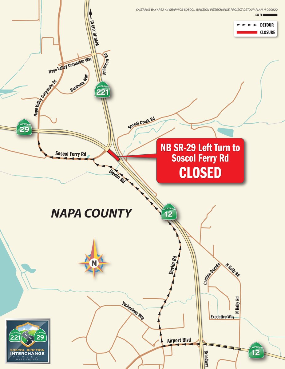 #TRAFFICALERT: Beginning on Thurs., 9/15, motorists will no longer be allowed to make a left turn from NB State Route 29 to Soscol Ferry Rd. #NapaCounty.
Motorists traveling on NB SR-29 will need to take Airport Blvd. to Devlin Rd to access Soscol Ferry Rd.