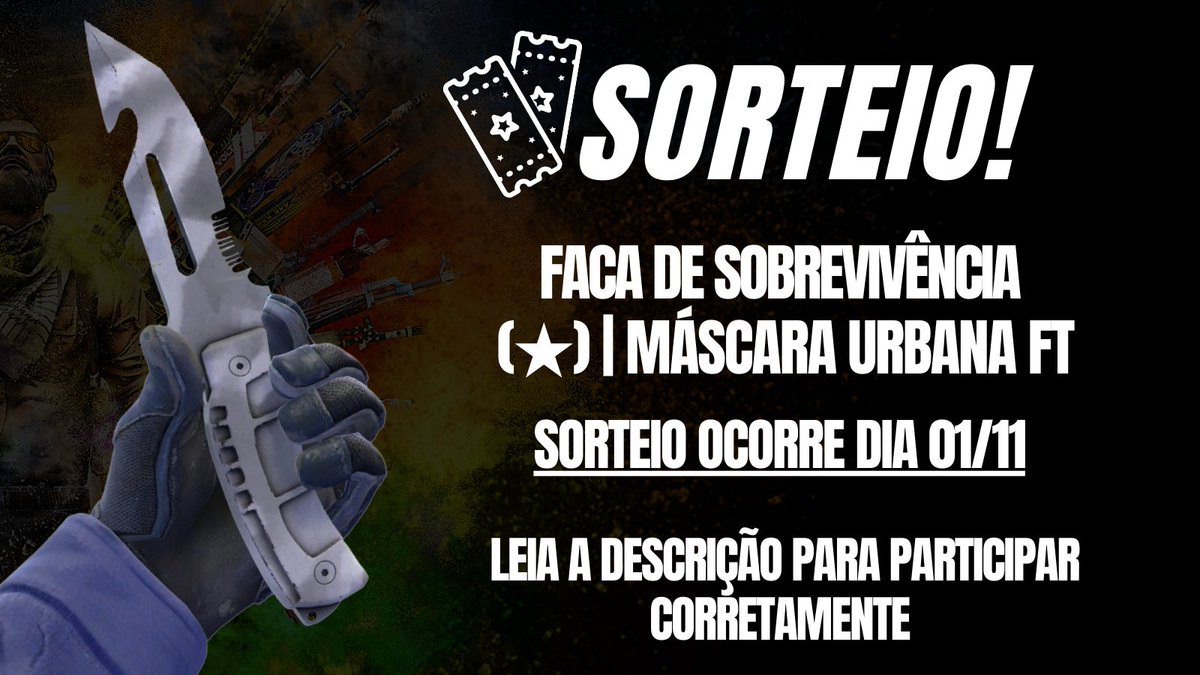 🎉Bora de sorteio CLANNN

🔪Sua chance de trocar sua faquinha de passar manteiga no pão

Faca de Sobrevivência | Máscara Urbana FT

Para participar:
⚠️Siga os perfis <a href="/haolands/">Hao</a> e <a href="/skNfps/">Gabriel Lijenko</a> 
⚠️Curta, retweeta e comenta marcando 3 amigos.

📽️Resultado em LIVE twitch.tv/haolands