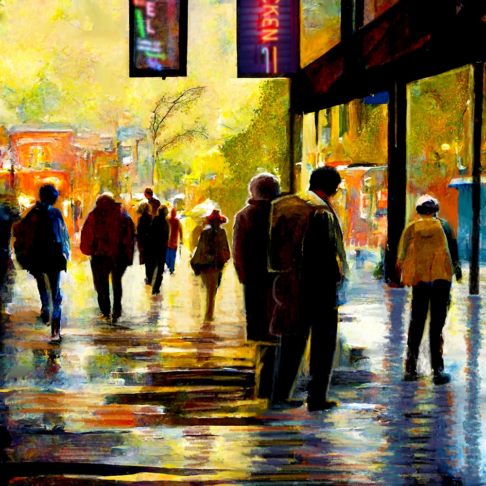 AllanLinder's tweet photo. BRUNCH STROLL is the title of this painting. Tough time deciding where to eat on Sunday? Digital painting, dynamic mixed media collage, giclée print on canvas.⁠

#armoryweek #superfinenyc #chelseagalleries #tribecaart #nycartgalleries #newartdealers #art #cryptoart #nfts https://t.co/3IH2aH5Ryg