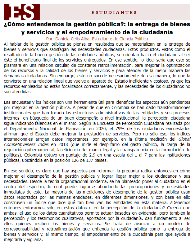 CPolUniandes's tweet photo. #NotaEstudiantil 🗞️
¿Cómo entendemos la #gestiónpública?: la entrega de bienes y servicios y el empoderamiento de la ciudadanía
Publicación hecha por #DanielaCelisAlba, estudiante de @CPolUniandes.
Léela aquí:🧐https://t.co/uu5DQS3LKO https://t.co/zzt1AXWVQb