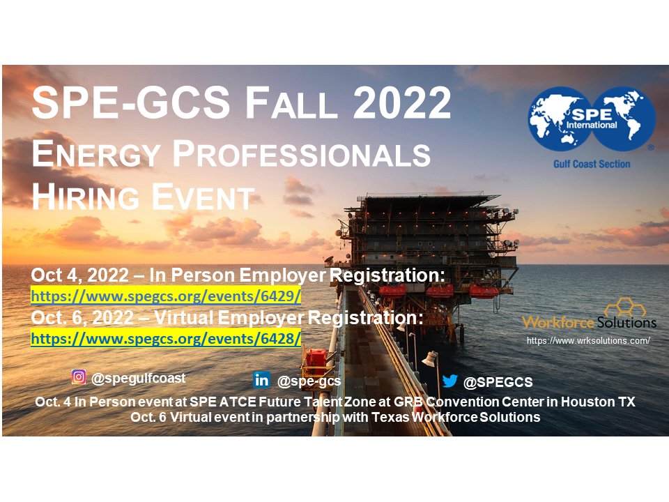 Welcoming #ARI <a href="/CorvaAi/">Corva</a> <a href="/datavedik/">datavedik</a> @Tweet_IPS <a href="/WeAreOxy/">Oxy</a> <a href="/PXDtweets/">Pioneer</a> <a href="/scacompanies/">SCA Companies</a> #Schlumberger <a href="/wsp/">WSP</a> as employers to the Energy Professionals Hiring Event on Oct. 4 in Houston.  Employer registration: spegcs.org/events/6429/ #energy #professional #jobs #oilandgas #WeAreSPE